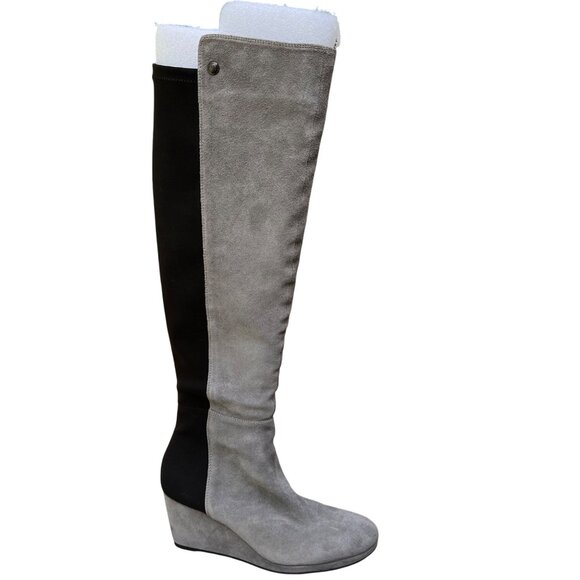 Vince Camuto Alexila‎ Gray Suede Black Over the Knee Boots Wedge Heel Size 10 - Picture 1 of 6